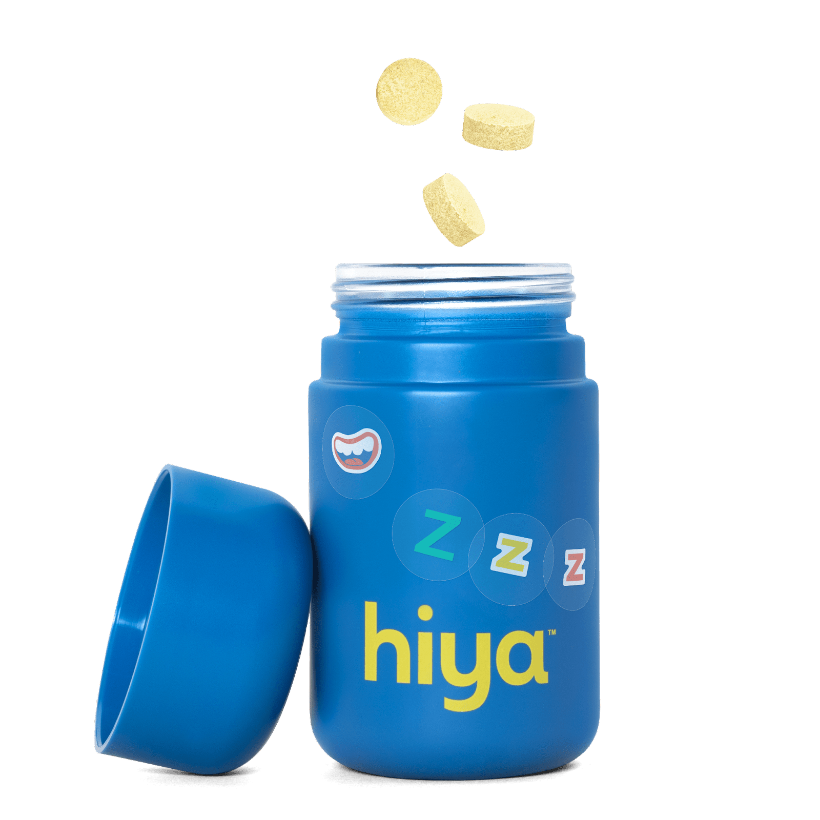 A blue bottle of Hiya's Kids Bedtime Essentials decorated with sticks with its lid open and chewables floating over it.