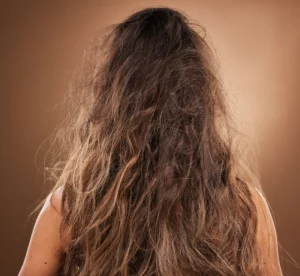 A person with long, messy, frizzy brown hair seen from behind.